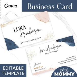 Blaue Visitenkarte Vorlage - Canva Visitenkarte Design, Rosa Aquarell Visitenkarte, Bearbeitbare Visitenkarte, Branding - Studio Mommy A16