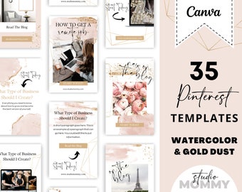 Pink Pinterest Pin Templates - Pinterest Templates Canva - Pinterest Templates Watercolor Pins -  Pink and Gold - Studio Mommy  A15