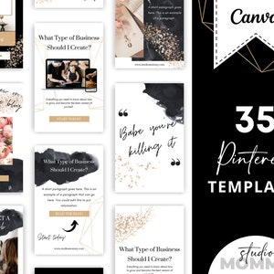 Black Pinterest Pin Templates - Pinterest Templates Canva - Pinterest Templates Watercolor Pins -  Black and Gold - Studio Mommy  A12