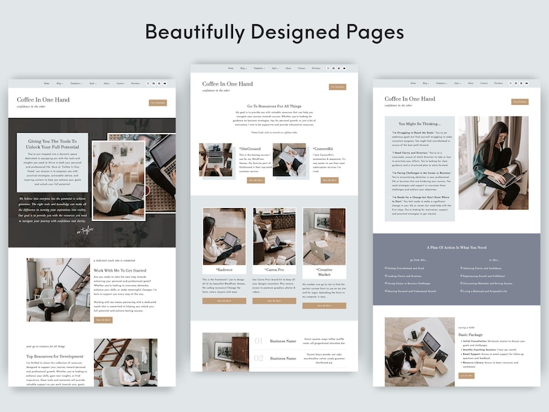May include: Three screenshots of a website titled "Coffee In One Hand" with the text "Giving You The Tools To Unlock Your Full Potential". The website has a light grey background with black text and images of a woman working on a laptop.