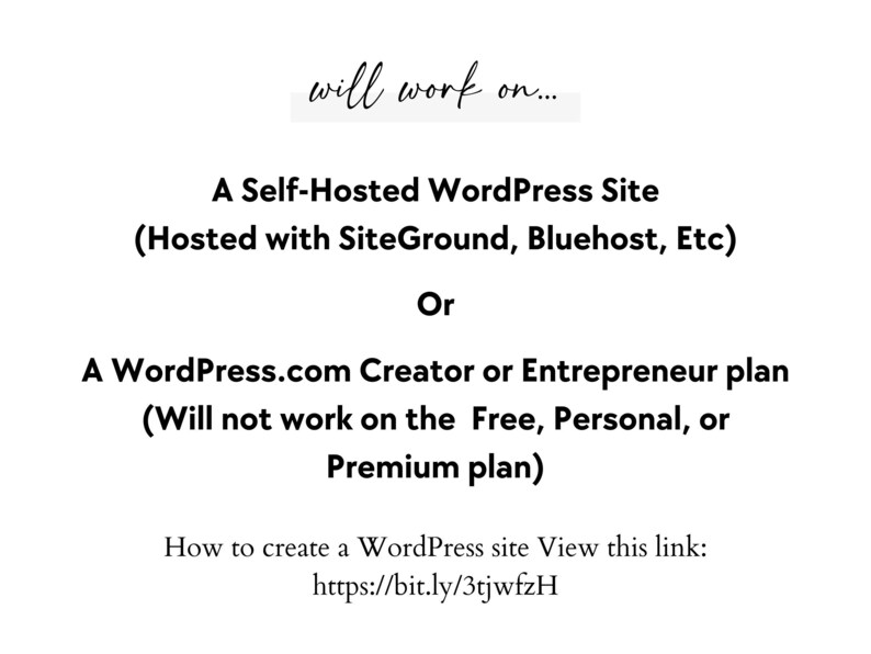 Może przedstawiać: Tekst wyjaśniający, że usługa będzie działać na samodzielnie hostowanej witrynie WordPress, hostowanej przez SiteGround, Bluehost itp., lub na planie WordPress.com Creator lub Entrepreneur. Nie będzie działać na planach Free, Personal lub Premium. Podano link do informacji o tworzeniu witryny WordPress.