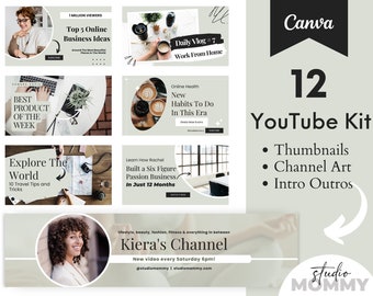 Green YouTube Branding Kit, YouTube Banner Template Canva, YouTube Intro and Outro Video, YouTube Thumbnail Canva Template, Studio Mommy A14