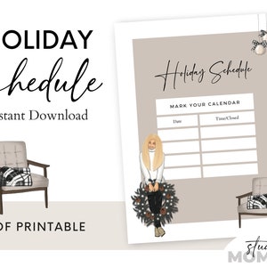 Horario de vacaciones de Navidad imprimible - Planificador imprimible de Navidad - Plantilla de tarjetas de vacaciones Canva - Horario comercial signo cambiable - A21