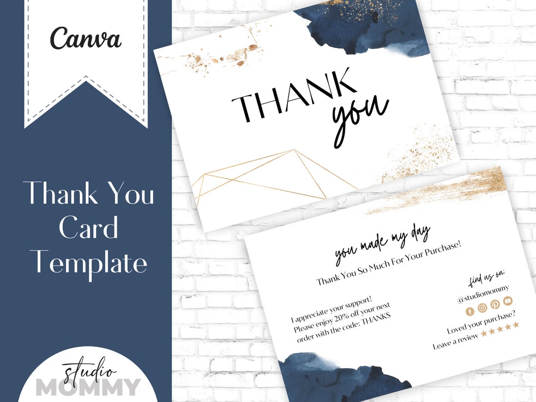 Navy and Gold Thank You Card Template, Small Business (canva Editable ...