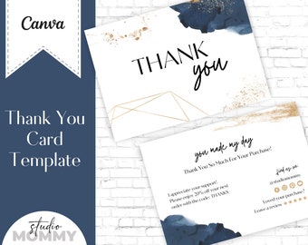 Thank You Card Printable, Thank You For Your Purchase Card Template, Small Business Package Insert Card - Navy Gold - Studio Mommy A13