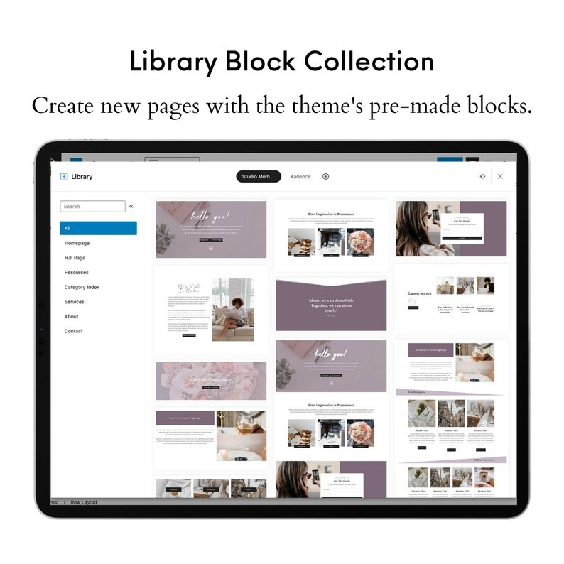 May include: A screenshot of a computer screen showing a website builder interface. The screen displays a library of pre-made website blocks, including a homepage, full page, resources, category index, services, about, and contact pages. The blocks are organised in a grid layout and feature various design elements, such as text, images, and buttons. The website builder interface includes a search bar, a menu bar, and a toolbar.
