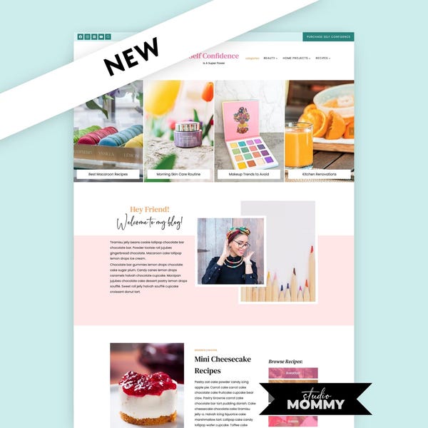WordPress Theme - Minimalist Blog Template: Feminine Design, Blog Post Photo Carousel - Self Confidence Studio Mommy A23