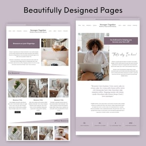 May include: A website homepage with a purple background and white text overlay. The text reads "Stronger Together" and "Beautifully Designed Pages". The website features a blog, templates, and a contact page. The website also features a section called "Resources at your Fingertips" and "Free Resources". The website also features a section called "Affiliate Resources".