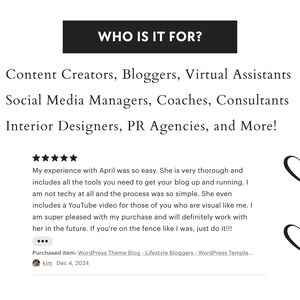 Może przedstawiać: Zrzut ekranu strony internetowej z opinią o motywie WordPress dla bloger&oacute;w. Opinia brzmi: "Moje doświadczenie z April było tak łatwe. Jest bardzo dokładna i zawiera wszystkie narzędzia, kt&oacute;rych potrzebujesz, aby uruchomić swojego bloga. Nie jestem wcale techniczna, a proces był tak prosty. Włącza nawet film z YouTube dla tych z was, kt&oacute;rzy są wizualni, jak ja. Jestem bardzo zadowolona ze swojego zakupu i na pewno będę wsp&oacute;łpracować z nią w przyszłości. Jeśli wahasz się, jak ja, po prostu zr&oacute;b to!" Opinia jest poprzedzona opisem zakupionego przedmiotu: "WordPress Theme Blog - Lifestyle Bloggers - WordPress Templa..." oraz nazwą "kim" i datą "Dec 4, 2024".