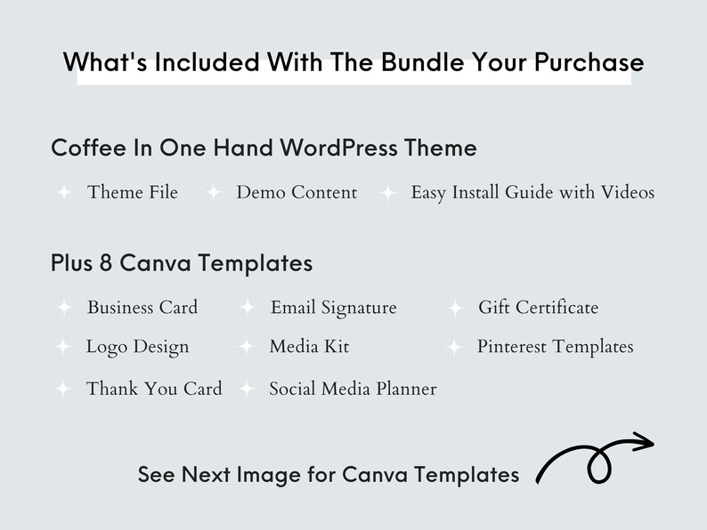 May include: A graphic showing the contents of a WordPress theme bundle. The bundle includes a WordPress theme, an easy install guide with videos, and eight Canva templates. The Canva templates include a business card, email signature, gift certificate, logo design, media kit, Pinterest templates, thank you card, and social media planner.