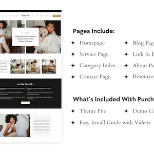 Może przedstawiać: Projekt strony internetowej dla Dear Me, firmy pomagającej kobietom prowadzącym działalność gospodarczą w rozwijaniu ich obecności w Internecie. Strona internetowa ma czarno-białą kolorystykę z obrazami kobiet i tekstem, kt&oacute;ry brzmi "Helping Female Business Owners Grow Their Online Presence" i "Are You Tired Of..."