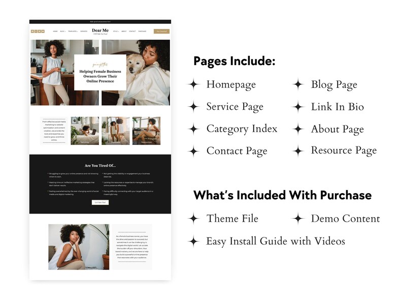 Może przedstawiać: Projekt strony internetowej dla Dear Me, firmy pomagającej kobietom prowadzącym działalność gospodarczą w rozwijaniu ich obecności w Internecie. Strona internetowa ma czarno-białą kolorystykę z obrazami kobiet i tekstem, kt&oacute;ry brzmi "Helping Female Business Owners Grow Their Online Presence" i "Are You Tired Of..."