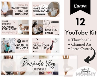 YouTube Branding Kit - YouTube Banner Template Canva, YouTube Intro and Outro Video, YouTube Thumbnail Canva Template - Studio Mommy A10