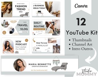 YouTube Branding Kit - YouTube Banner Template Canva, YouTube Intro and Outro Video, YouTube Thumbnail Canva Template - Studio Mommy A20