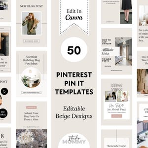 50 modelos de pins bege para Pinterest, designs minimalistas para Canva (editáveis) - A08 Studio Mommy