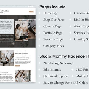 May include: A website mockup for a business called "Coffee In One Hand" that offers services to help people unlock their full potential. The website features a dark background with white text and images of women working on laptops. The website includes pages for a blog, shop, contact, portfolio, resources, and more. The website is built with the Studio Mommy Kadence theme, which is easy to use and customise.