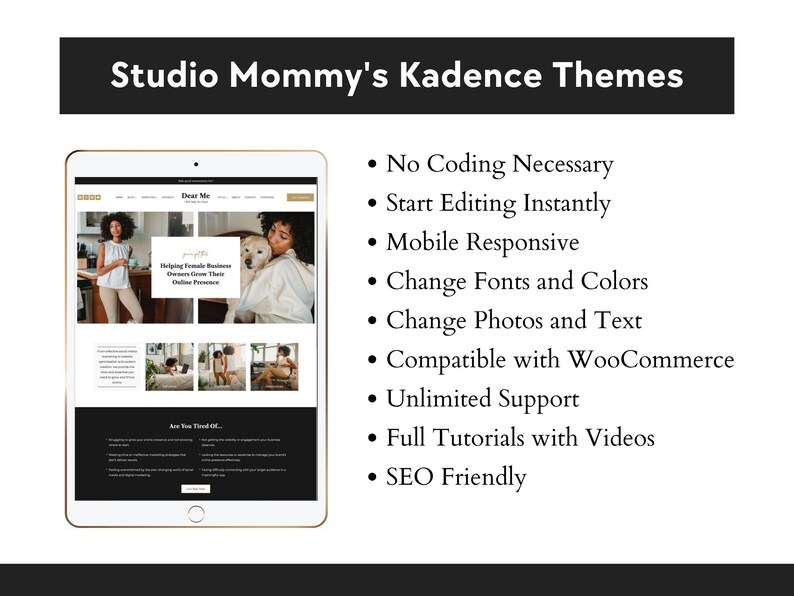 Może przedstawiać: Zrzut ekranu szablonu projektu strony internetowej dla strony internetowej firmy. Strona internetowa jest zaprojektowana w czerni i bieli z nowoczesnym, minimalistycznym wyglądem. Strona internetowa zawiera nagł&oacute;wek z tekstem "Dear Me" i sloganem, kt&oacute;ry brzmi: "Helping Female Business Owners Grow Their Online Presence".