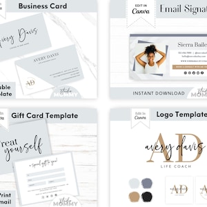 May include: A digital download set of templates for business cards, email signatures, gift cards, and logos. The templates feature a light blue and white colour scheme with a marble background. The text "Avery Davis" is featured in a handwritten font. The templates are editable in Canva.