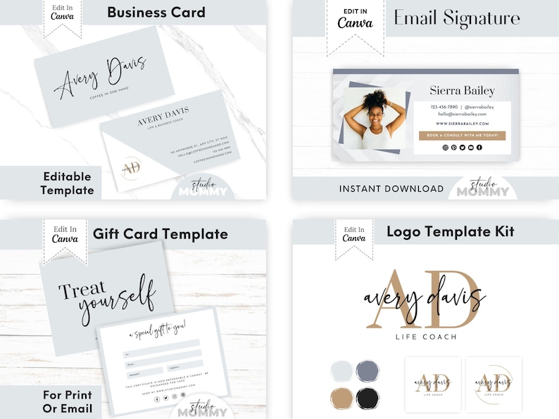 May include: A digital download set of templates for business cards, email signatures, gift cards, and logos. The templates feature a light blue and white colour scheme with a marble background. The text "Avery Davis" is featured in a handwritten font. The templates are editable in Canva.
