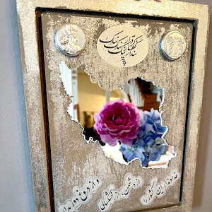 Espejo con mapa persa y réplica de moneda antigua (sekkeh), caligrafía persa, decoración para Norooz Haftsin Haftsin, regalo de arte persa hecho a mano