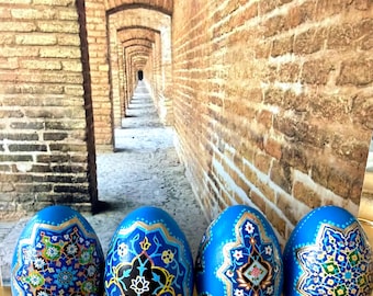 Persian Inspired Haftsin Eggs (4) Turquoise Blue Wooden Hand Painted Tile Decoupage Set