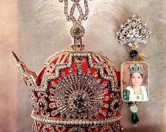 Farah Pahlavi's Image on Handmade Brooch Pin, Persian Jewelry, Shahbanou Coronation Souvenir