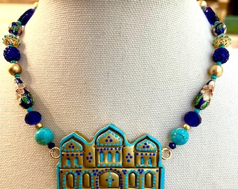 Persian Doors Necklace, Vintage Cloisonne Beads, Handmade Polymer Clay Jewelry