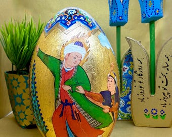 Persian Style Haftsin Haftseen Miniature Art, One (1) Large Wooden Goose Egg for Nowruz