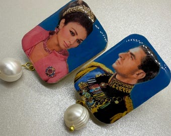 Farah Pahlavi Mohammad Reza Shah Wood Mounted Earrings, Handmade USA, Gold Plated Backs