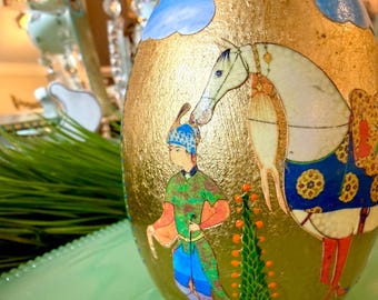 Persian Style Goose Egg, Haftsin Norooz Decoration, Miniature Art, Hand-Painted Horse Scene