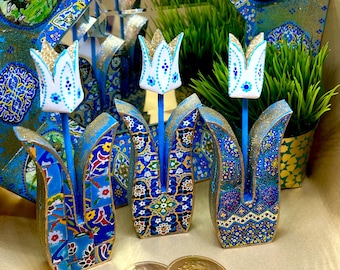 Haftsin Tulips Set of 3, Norooz Decoupage, Persian Tile Art, Made in USA