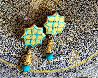 Persian Earrings, Gold Polymer Clay, Turquoise, Islamic Star Design