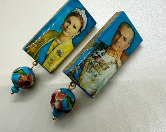 Persian Shah Pahlavi Farah Wood Earrings, Cloisonne Mina Kari Beads, Turquoise Accents