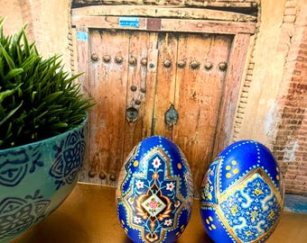 Persian Tile Art Images Decoupaged on Set of 2  Wooden Eggs for Nowruz Haftsin