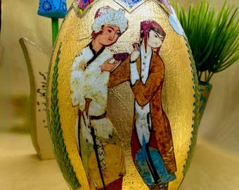 Haftsin Haftseen Decor, Persian Miniature Art on Large Wooden Goose Egg , One (1) Egg,  Decoupage on Gold Leaf