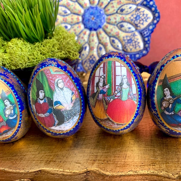 Qajar Art Persian Haftsin Haftseen, Persian Calligraphy, Haft Seen Haft Sin Set of 4 Wooden Decoupaged Eggs Norouz Norooz Nowruz 7 Sin