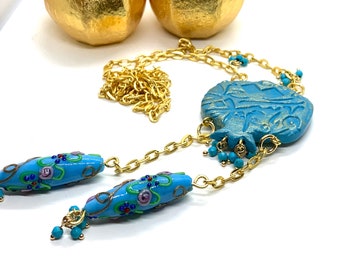 Yalda Pomegranate Necklace, Turquoise Polymer Clay, Persian Style