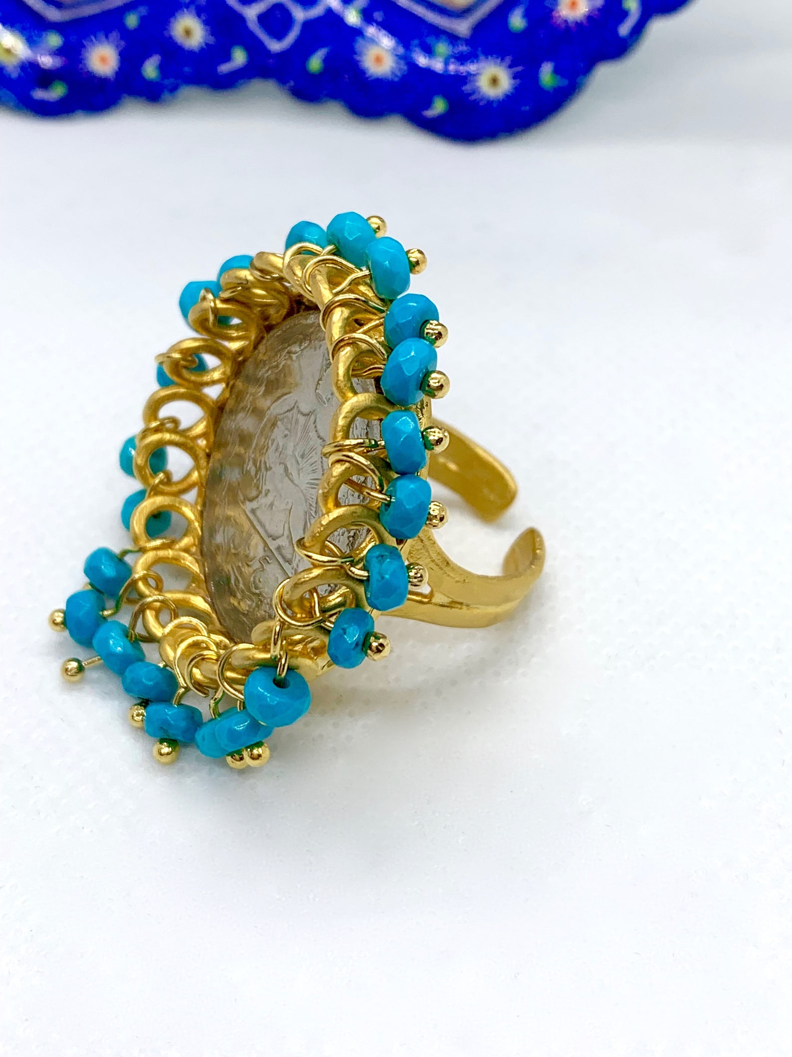 Vintage Persian Coin Replica Ring Turquoise & 22K Gold Plated, Adjustable