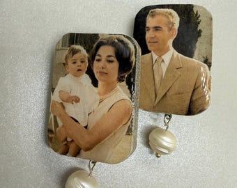 Handmade Pahlavi Family Portrait Earrings, Resin Photo Jewelry, Shiro Khorshid Symbol