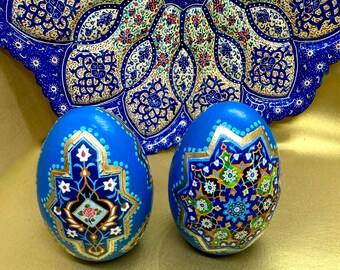 Haftsin Set of 2 Eggs Turquoise Blue Persian Inspired Tile Images Decoupaged on Wood