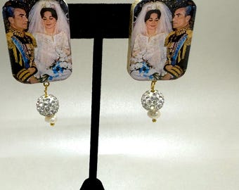 Persian Earrings, Mohammad Reza Shah Farah Pahlavi, Mounted on Wood, Pearls, Crystals, Handmade USA