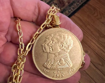 Pahlavi Gold Plated Coin Pendant, Persian Shahbanou Farah, Norooz Replica Coin