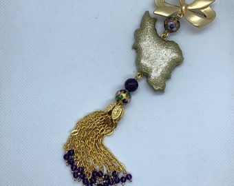 Handmade Persian Map Brooch, 22k Gold Plated, Amethyst Beads