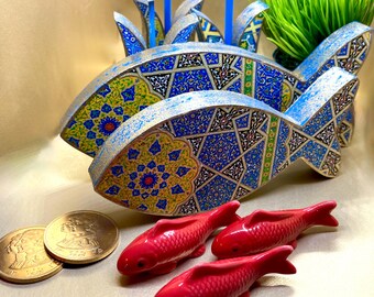 Haftsin Fish Decoration, Persian Tile Images on Wood, Set of 2, Hand made in USA