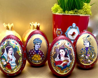 Decoupaged Persian Eggs, Haftsin Nowruz Decor, Narenjestan Ghavam Tile Art, Set of 4, Country of Origin :USA
