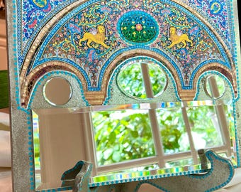 Sofreh Aghd And Haftseen Haftsin Mirror, Golestan Palace Tile Image, Persian Decoupage Art