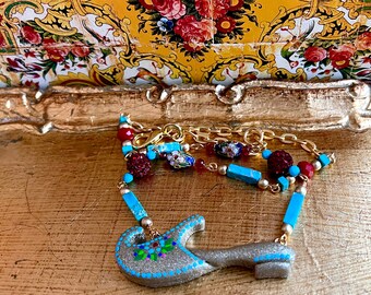Qajar Slipper Necklace, Gold Glitter Polymer Clay, Persian Style Jewelry, Made in USA