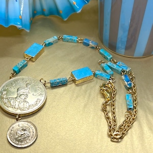 Pahlavi Coin Replica Reza Shah, Persian Jewelry, Persian Necklace, Nowruz Norouz Norooz Gift, Persian Handmade, Persian Turquoise Color