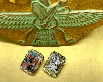 Shahnameh Art Earrings, Persian Jewelry, Aqua Resin, Gold Plated Posts