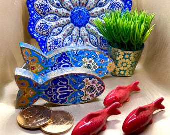 Persian Haftseen Wooden Fish Set, Tile Decoupage Art, Nowruz Decor